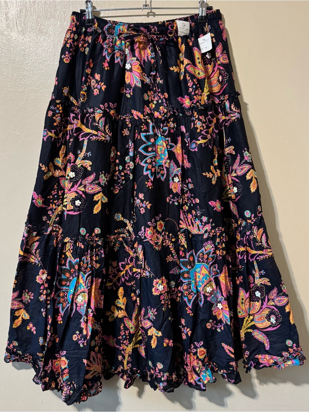 Vintage deadstock black floral/sequins tiered maxi skirt